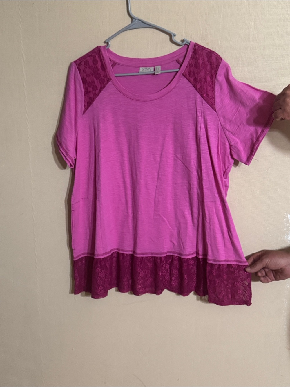 LOGO by Lori Goldstein Bright Pink Short Sleeve Tee with Lace Trim with pockets